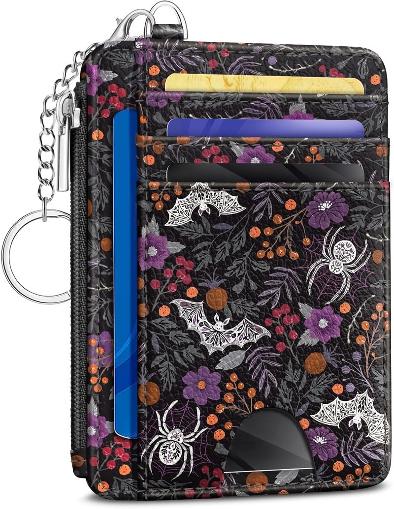 Kelvoris Goth Bat Spider Credit Card Holder Small Wallet Women, Gothic Slim RFID Blocking Wallet Woman Keychain with Zipper Coin Pocket, Front Pocket Thin Travel Card Case with ID Window Ladies Gifts - Image 1